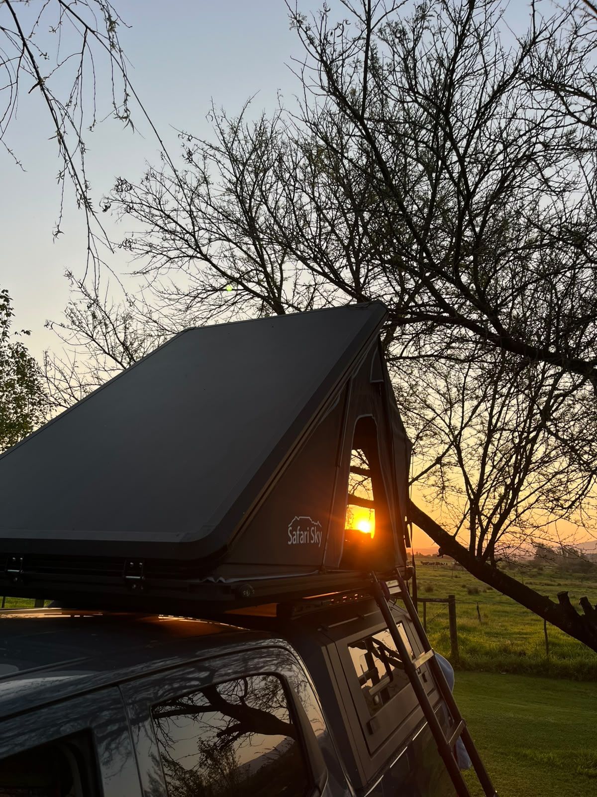 Safari Sky rooftop tent open in a grassy field with the setting sun framed through the doorway