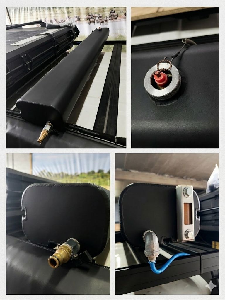 Close-ups of the Safari Sky water tank and its fittings