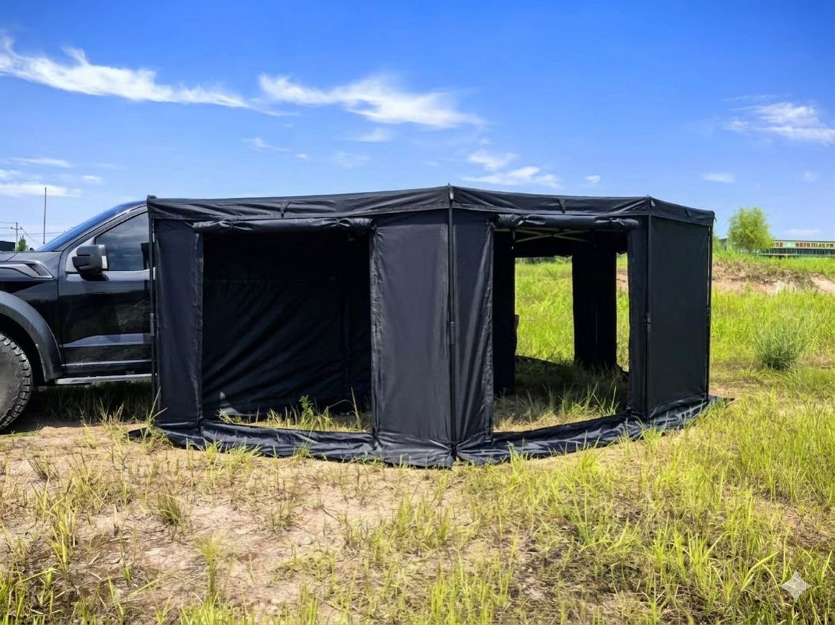 Black awning room fully enclosed on poles behind a black pickup in a grassy field